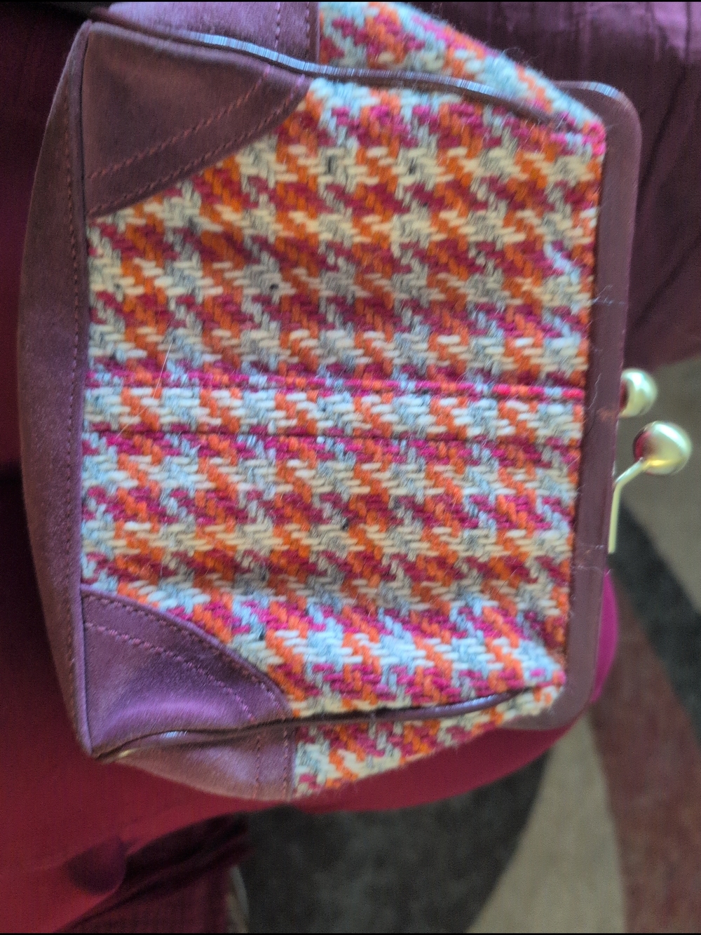 Coach Multicolor Houndstooth Tweed Satchel with Purple Trim - Picture 7 of 11